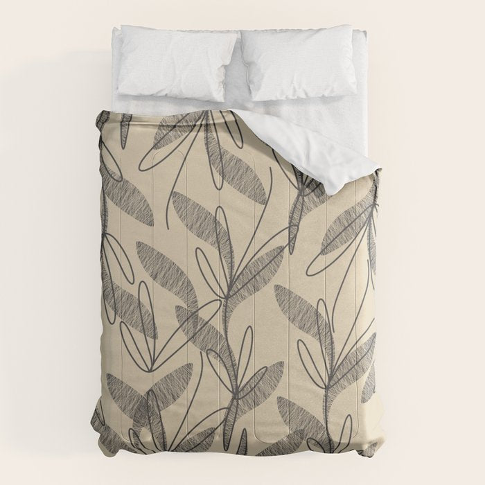 Mid Century Modern Botanical Pattern in Charcoal Gray and Beige Comforter Gallery Image 6