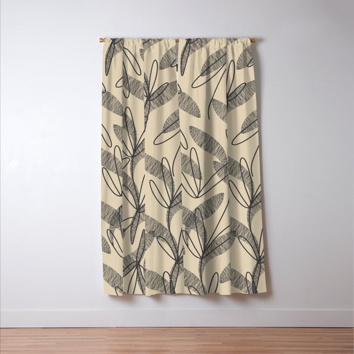 Mid Century Modern Botanical Pattern in Charcoal Gray and Beige Window Curtain Gallery Image 3