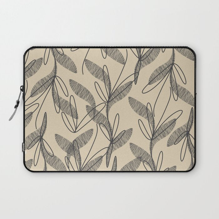 Mid Century Modern Botanical Pattern in Charcoal Gray and Beige Laptop Sleeve Gallery Image 1