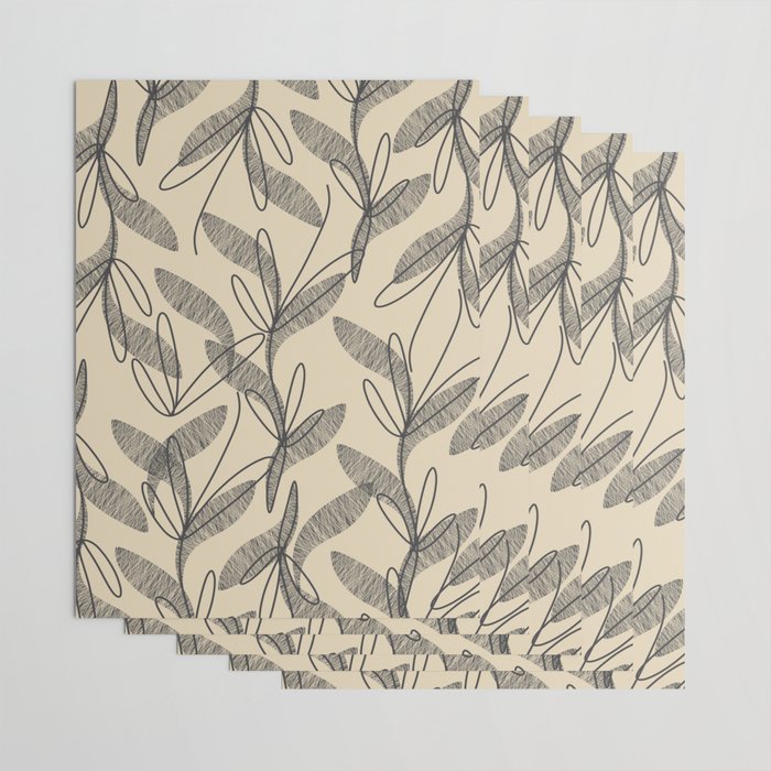 Mid Century Modern Botanical Pattern in Charcoal Gray and Beige Wrapping Paper Gallery Image 3