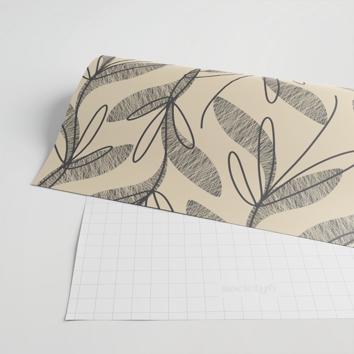 Mid Century Modern Botanical Pattern in Charcoal Gray and Beige Wrapping Paper Gallery Image 2