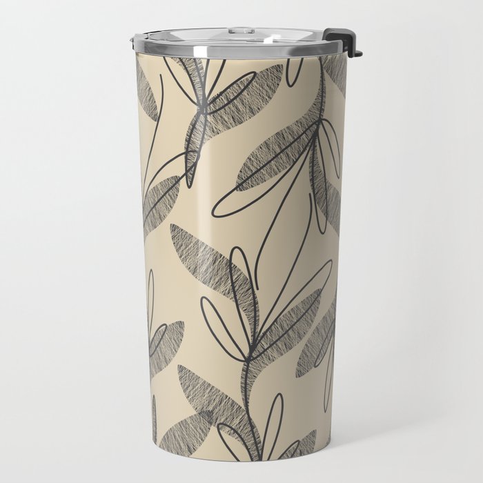 Mid Century Modern Botanical Pattern in Charcoal Gray and Beige Travel Mug Gallery Image 2
