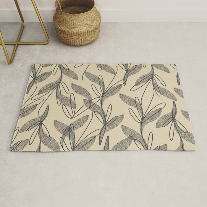 Mid Century Modern Botanical Pattern in Charcoal Gray and Beige Rug Gallery Image 1