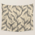 Mid Century Modern Botanical Pattern in Charcoal Gray and Beige Wall Tapestry Gallery Image 4