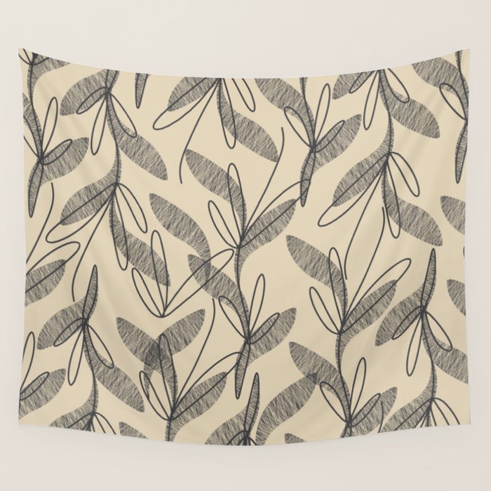 Mid Century Modern Botanical Pattern in Charcoal Gray and Beige Wall Tapestry Gallery Image 4