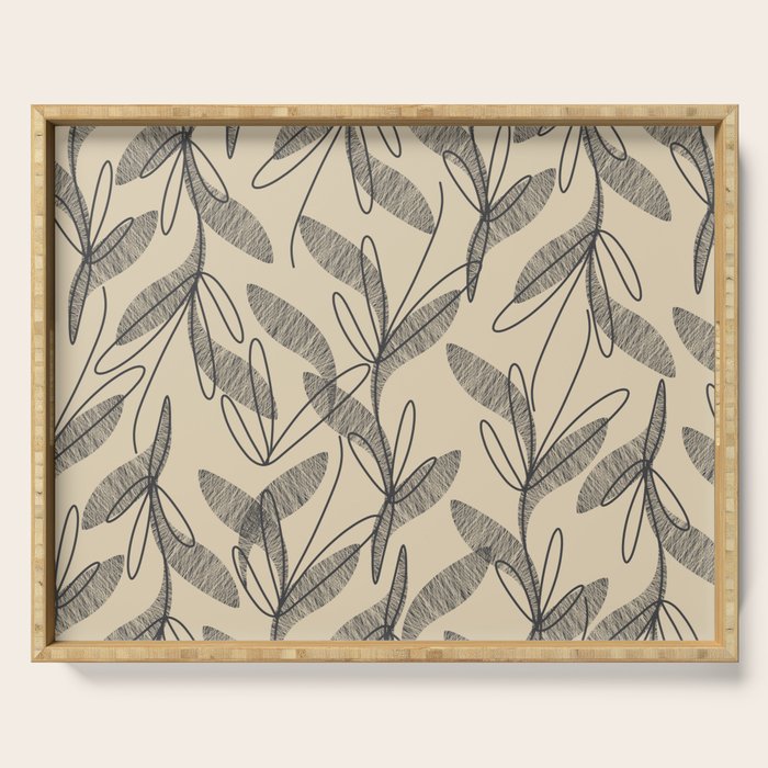 Mid Century Modern Botanical Pattern in Charcoal Gray and Beige Serving Tray Gallery Image 1
