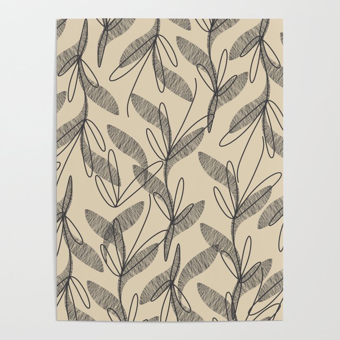 Mid Century Modern Botanical Pattern in Charcoal Gray and Beige Poster Gallery Image 1