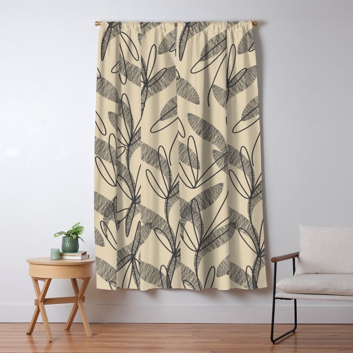 Mid Century Modern Botanical Pattern in Charcoal Gray and Beige Window Curtain Gallery Image 5