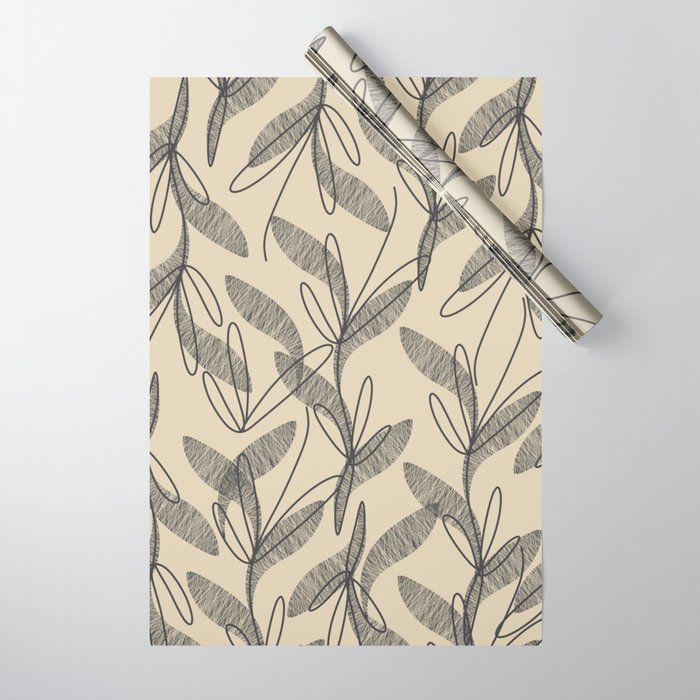 Mid Century Modern Botanical Pattern in Charcoal Gray and Beige Wrapping Paper Gallery Image 1
