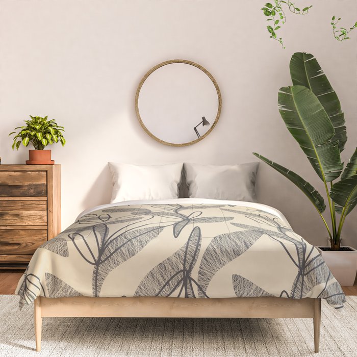 Mid Century Modern Botanical Pattern in Charcoal Gray and Beige Comforter Gallery Image 3