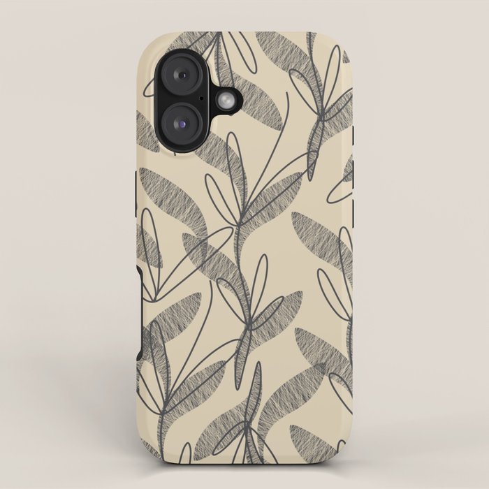 Mid Century Modern Botanical Pattern in Charcoal Gray and Beige iPhone Case Gallery Image 1