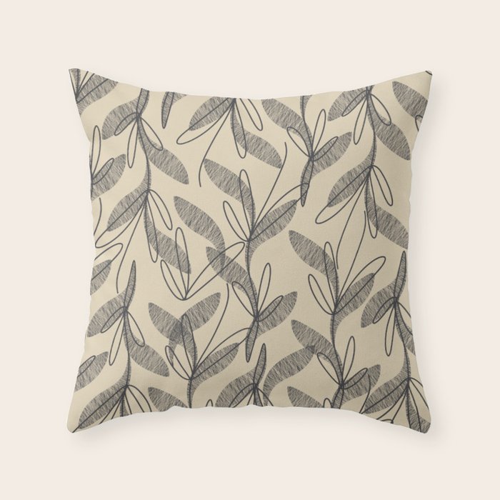 Mid Century Modern Botanical Pattern in Charcoal Gray and Beige Throw Pillow Gallery Image 6