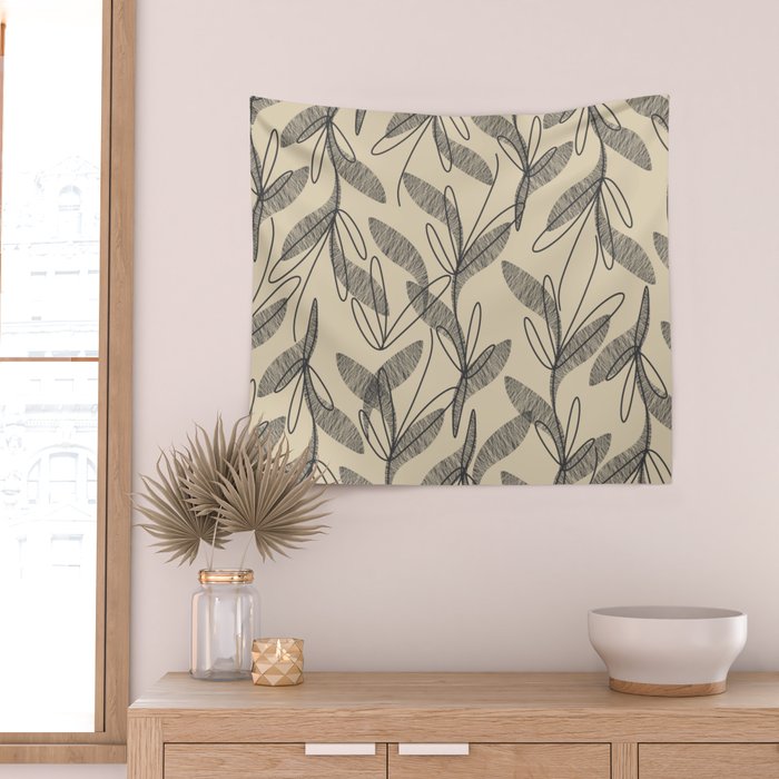 Mid Century Modern Botanical Pattern in Charcoal Gray and Beige Wall Tapestry Gallery Image 2