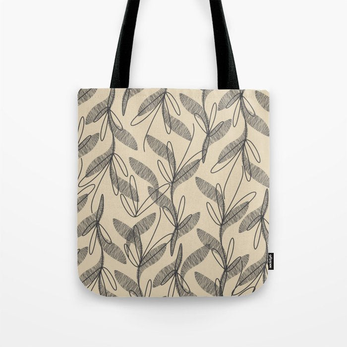 Mid Century Modern Botanical Pattern in Charcoal Gray and Beige Tote Bag Gallery Image 1