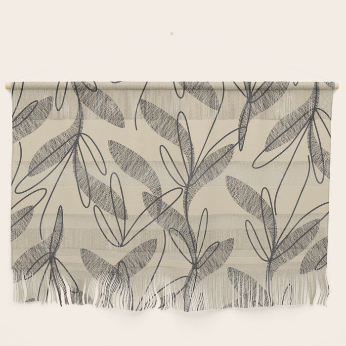 Mid Century Modern Botanical Pattern in Charcoal Gray and Beige Wall Hanging Gallery Image 1