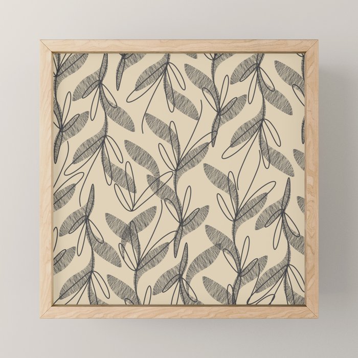 Mid Century Modern Botanical Pattern in Charcoal Gray and Beige Mini Art Print Gallery Image 1