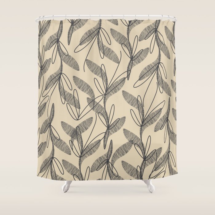Mid Century Modern Botanical Pattern in Charcoal Gray and Beige Shower Curtain Gallery Image 1