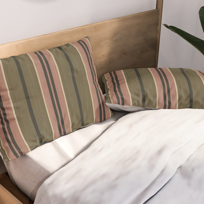 linen stripes (olive green and pink) Pillow Sham Gallery Image 2