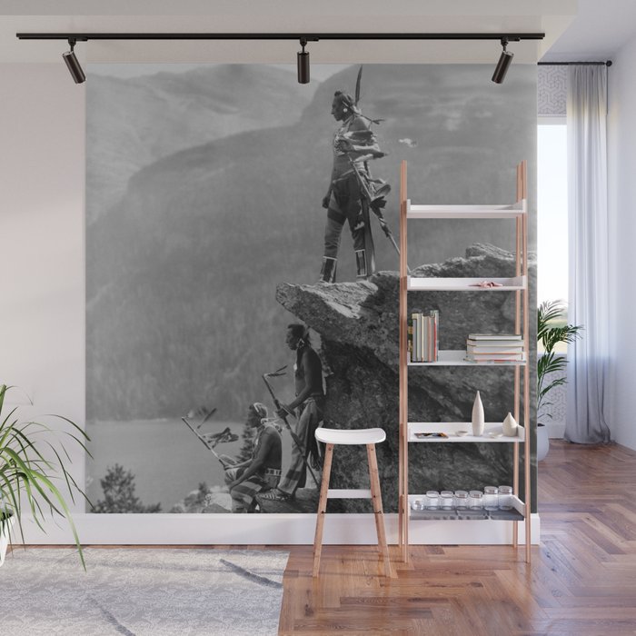 Eagle's Lookout, Blackfoot tribe members, Glacier Park, Montana, 1913 black and white photography Wall Mural Gallery Image 1