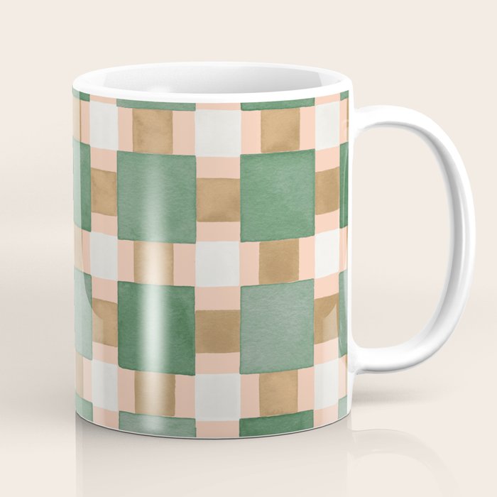 Retro plaid checks geometry Green Ocre Coffee Mug Gallery Image 1