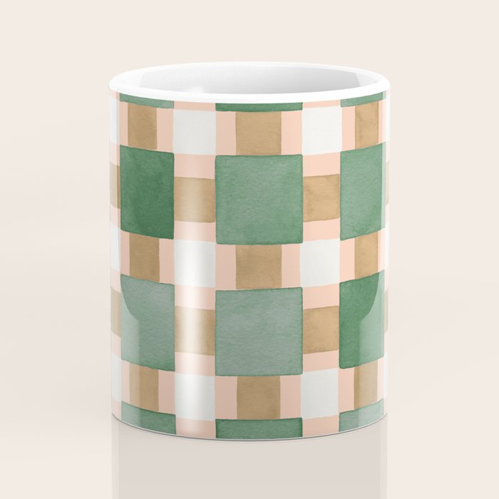 Retro plaid checks geometry Green Ocre Coffee Mug Gallery Image 4