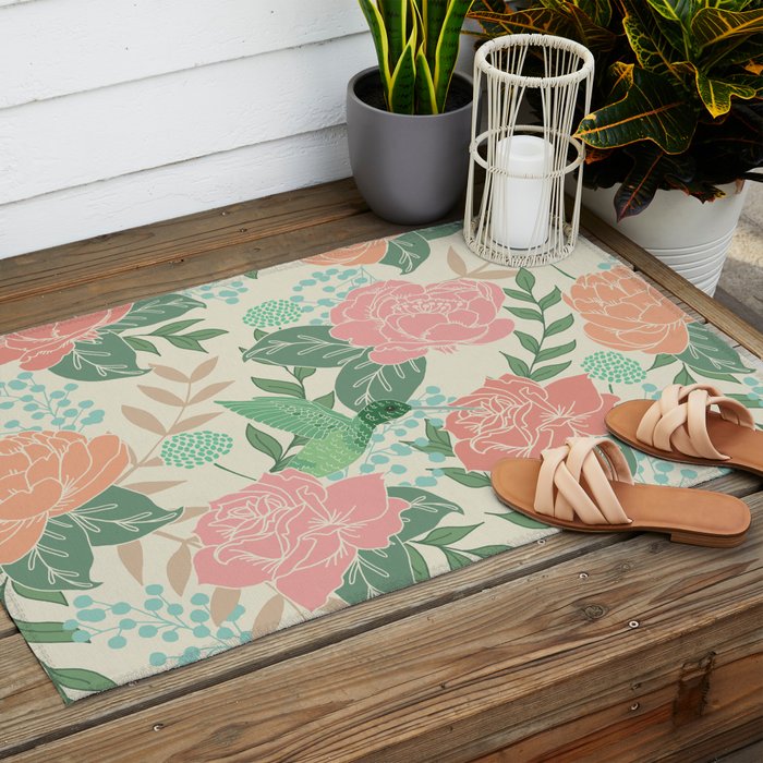 Victorian Garden with Hummingbird Outdoor Rug Gallery Image 2