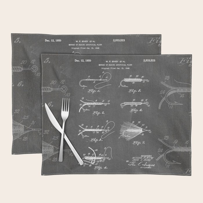 Fly Fishing Patent - Fisherman Art - Black Chalkboard Placemat Gallery Image 1