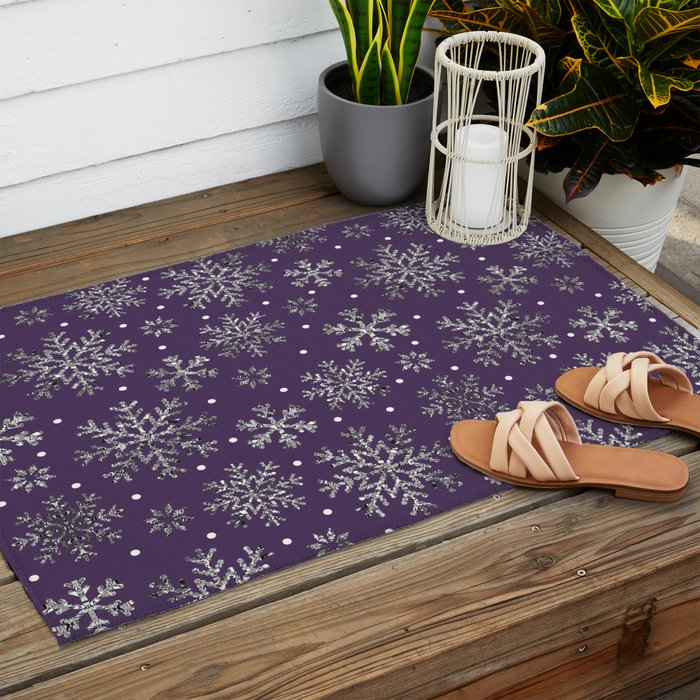 Vintage Christmas Silver snowflakes plum purple Outdoor Rug Gallery Image 2