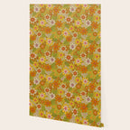 1960s, 1970s Retro Floral in Green, Pink & Orange - Flower Power Wallpaper Gallery Image 2