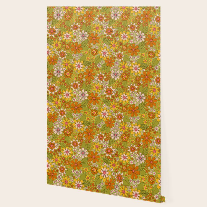 1960s, 1970s Retro Floral in Green, Pink & Orange - Flower Power Wallpaper Gallery Image 2