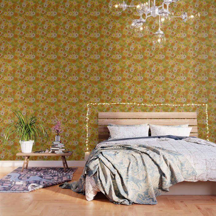 1960s, 1970s Retro Floral in Green, Pink & Orange - Flower Power Wallpaper Gallery Image 3