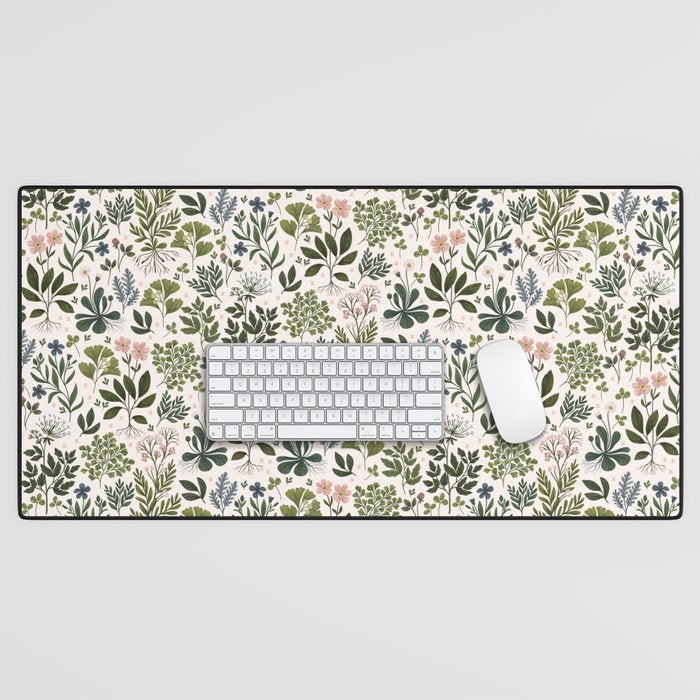 Herbarium ~ vintage inspired botanical art print ~ white Desk Mat Gallery Image 1