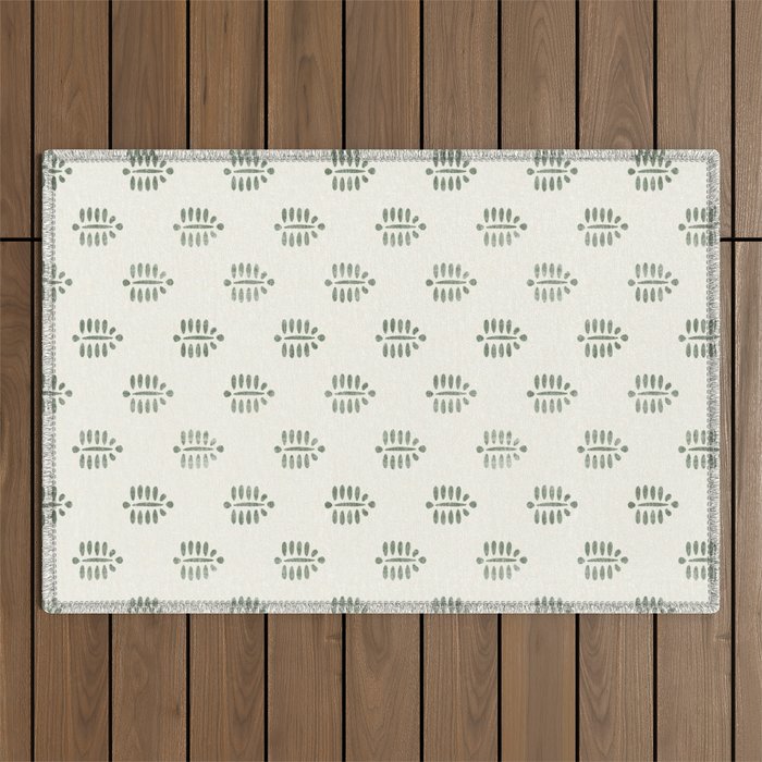 block print palm in sage on cream Outdoor Rug Gallery Image 1