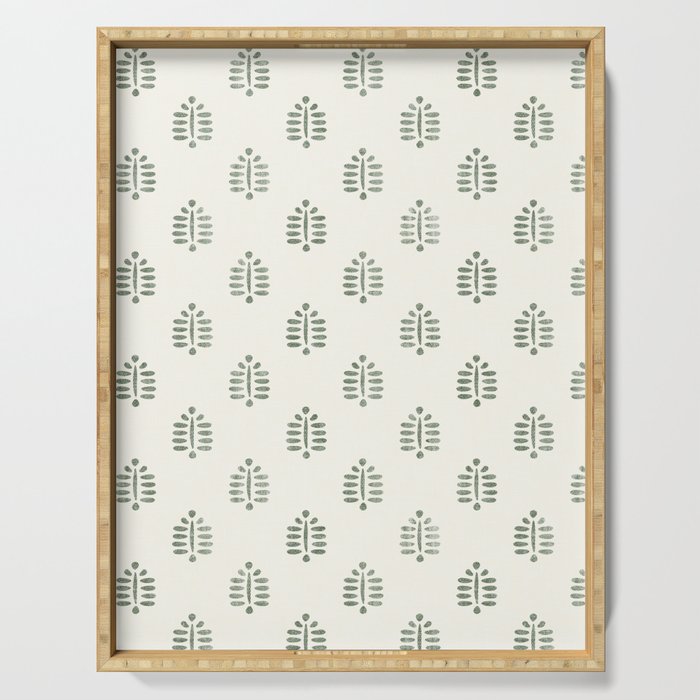 block print palm in sage on cream Serving Tray Gallery Image 1