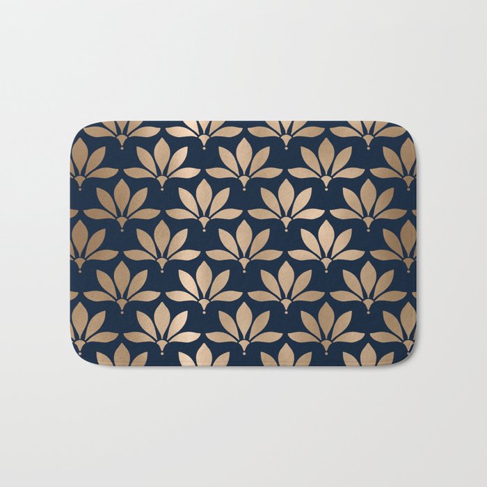 Gold and Navy Art Deco Leaf Design Bath Mat Gallery Image 1