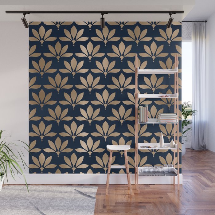 Gold and Navy Art Deco Leaf Design Wall Mural Gallery Image 1