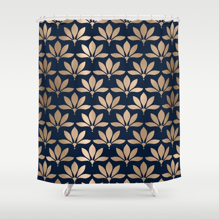 Gold and Navy Art Deco Leaf Design Shower Curtain Gallery Image 1