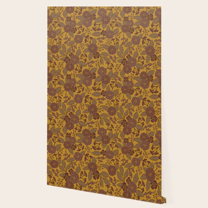 Mustard Yellow, Brown, Raisin, Taupe & Mauve Floral Pattern Wallpaper Gallery Image 2