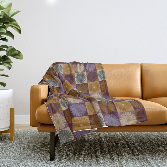 Retro Flowers Check Pattern X Throw Blanket Gallery Image 1