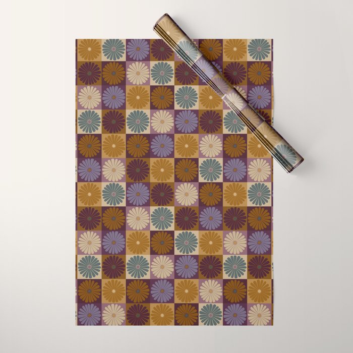 Retro Flowers Check Pattern X Wrapping Paper Gallery Image 1