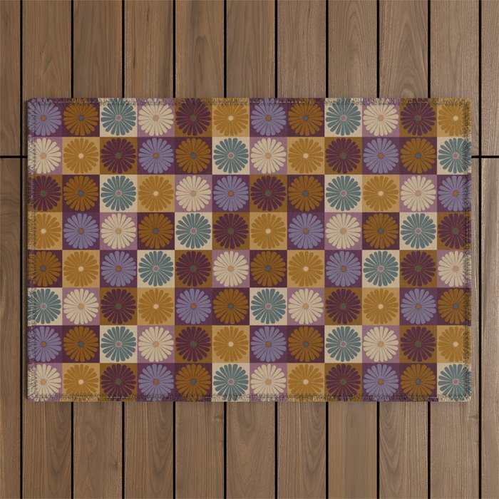 Retro Flowers Check Pattern X Outdoor Rug Gallery Image 1