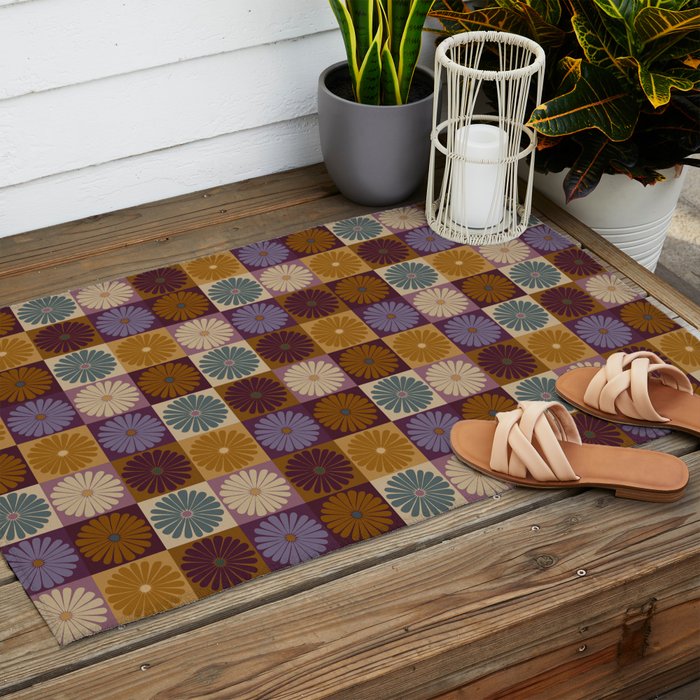 Retro Flowers Check Pattern X Outdoor Rug Gallery Image 2