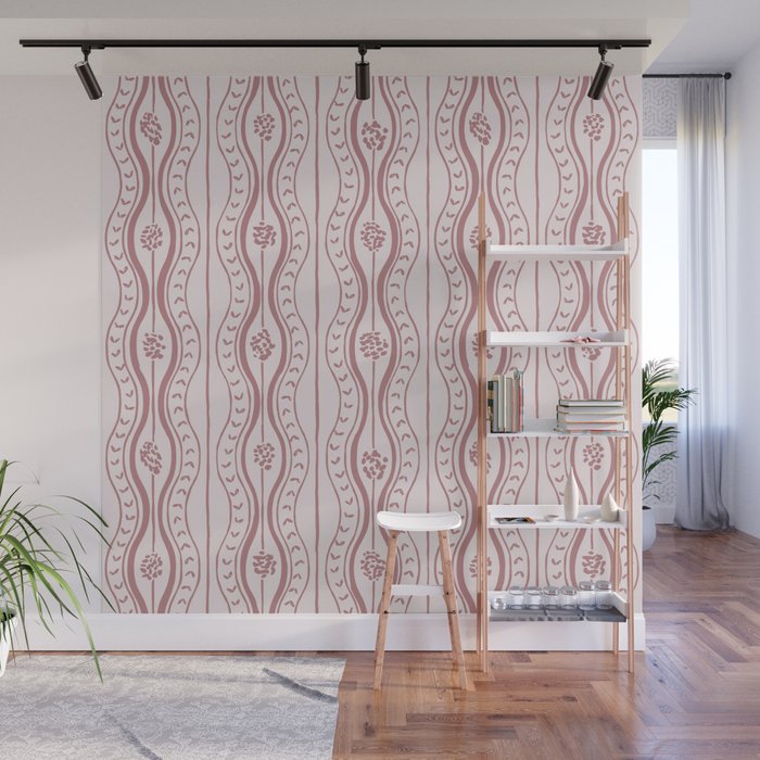 Wavy lines and tiny blooms - dusty rose old pink tones pattern Wall Mural Gallery Image 1