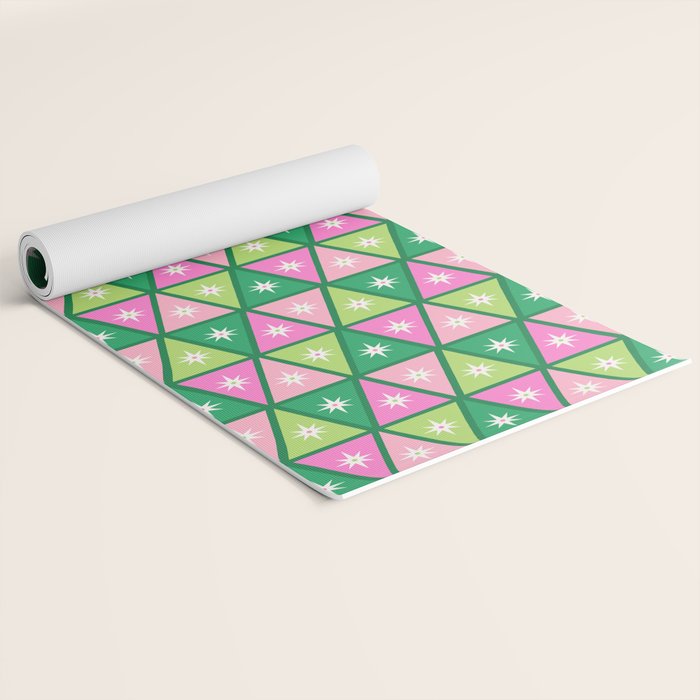 Mid-Century Modern Geometric Christmas Triangles - Green and Pink Yoga Mat Gallery Image 2