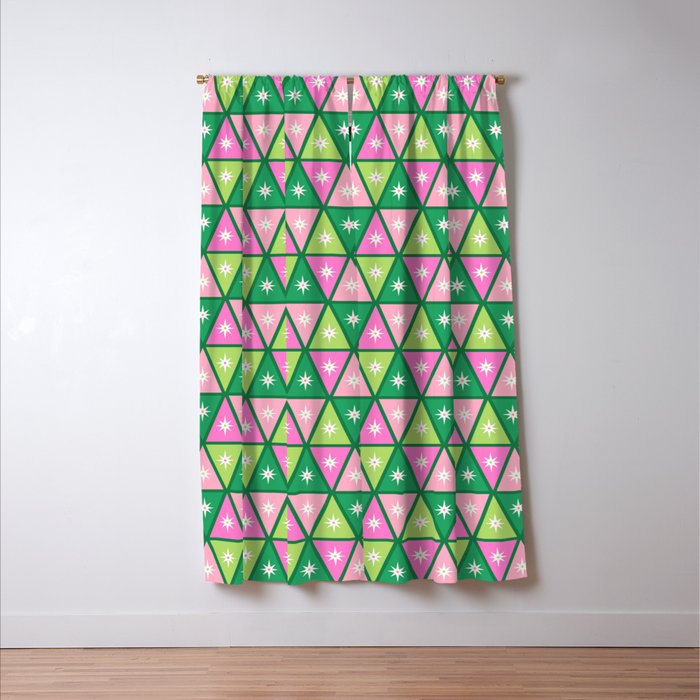 Mid-Century Modern Geometric Christmas Triangles - Green and Pink Window Curtain Gallery Image 3