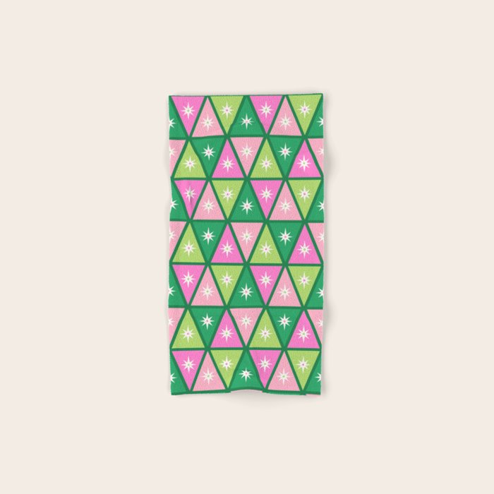 Mid-Century Modern Geometric Christmas Triangles - Green and Pink Bath Towel Gallery Image 1