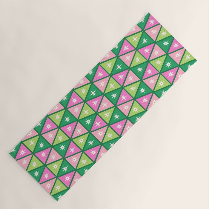 Mid-Century Modern Geometric Christmas Triangles - Green and Pink Yoga Mat Gallery Image 1