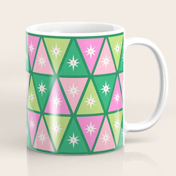 Mid-Century Modern Geometric Christmas Triangles - Green and Pink Coffee Mug Gallery Image 1