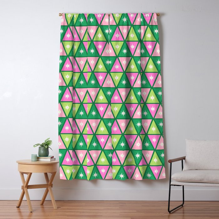 Mid-Century Modern Geometric Christmas Triangles - Green and Pink Window Curtain Gallery Image 5