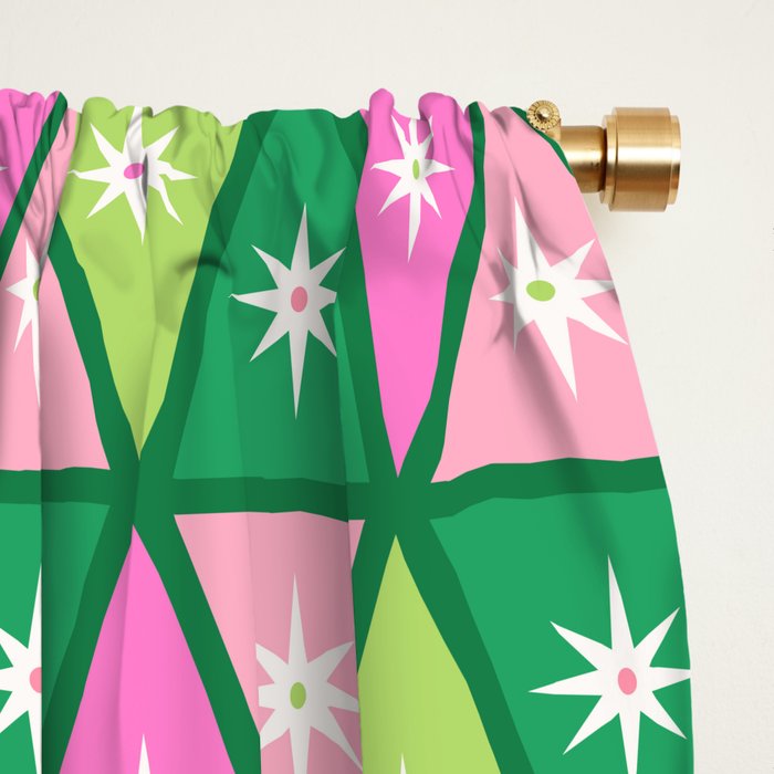 Mid-Century Modern Geometric Christmas Triangles - Green and Pink Window Curtain Gallery Image 2